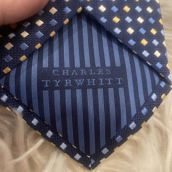 Charles Tyrwhitt Silk Tie Blue Geometric Pattern luxury Gold and Blue Squares - Picture 2 of 5
